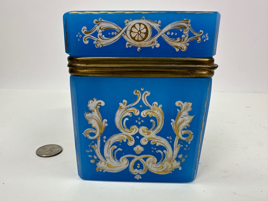 Antique Opaline Glass: Stunning Large Blue With Gold & White Decor 6'W X 3.75'D X 4.5'H Appraised $900 [Photo 12]