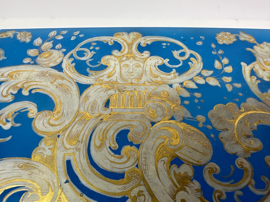 Antique Opaline Glass: Stunning Large Blue With Gold & White Decor 6'W X 3.75'D X 4.5'H Appraised $900 [Photo 8]