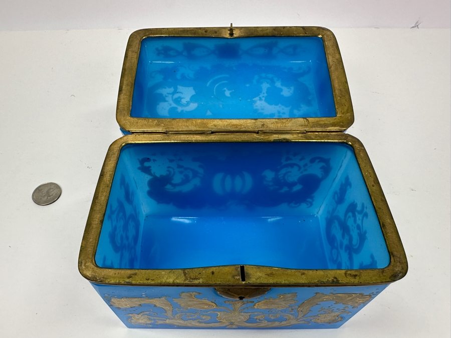 Antique Opaline Glass: Stunning Large Blue With Gold & White Decor 6'W X 3.75'D X 4.5'H Appraised $900 [Photo 16]