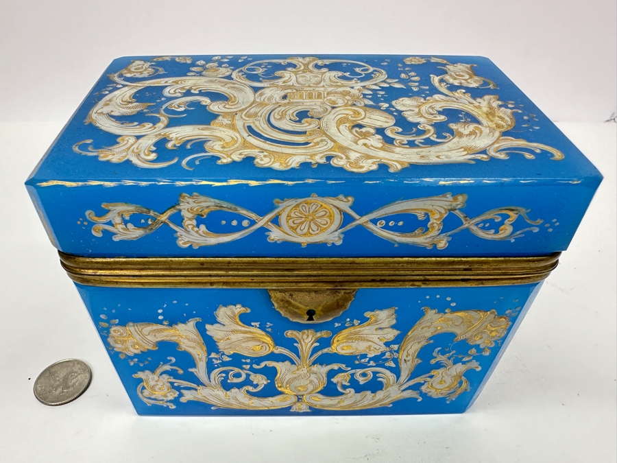 Antique Opaline Glass: Stunning Large Blue With Gold & White Decor 6'W X 3.75'D X 4.5'H Appraised $900 [Photo 3]