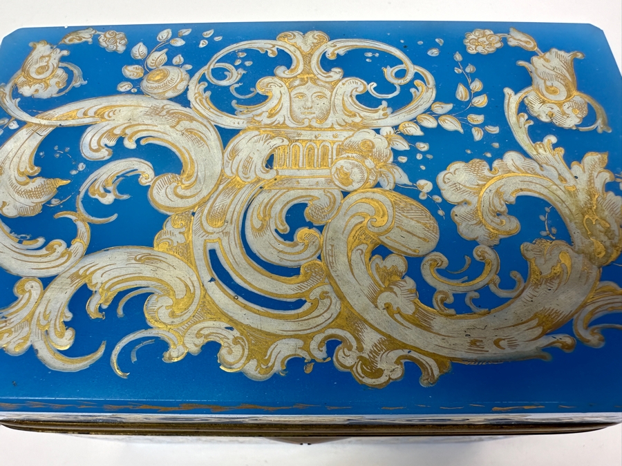Antique Opaline Glass: Stunning Large Blue With Gold & White Decor 6'W X 3.75'D X 4.5'H Appraised $900 [Photo 7]