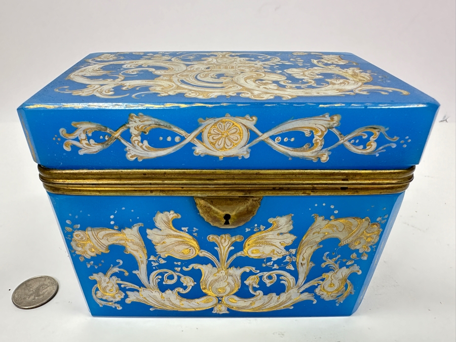 Antique Opaline Glass: Stunning Large Blue With Gold & White Decor 6'W X 3.75'D X 4.5'H Appraised $900 [Photo 4]