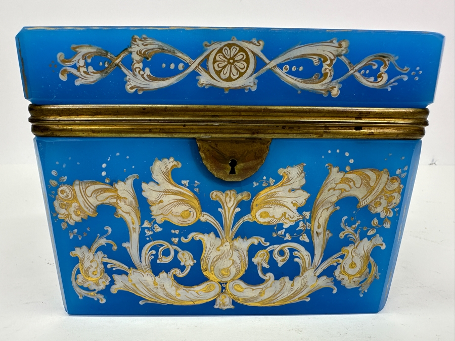 Antique Opaline Glass: Stunning Large Blue With Gold & White Decor 6'W X 3.75'D X 4.5'H Appraised $900 [Photo 9]