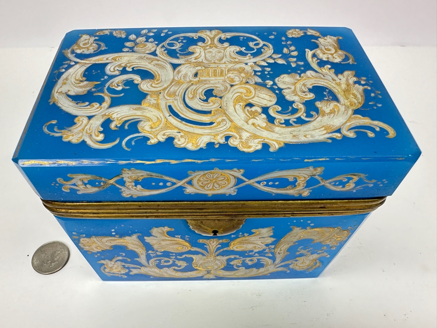 Antique Opaline Glass: Stunning Large Blue With Gold & White Decor 6'W X 3.75'D X 4.5'H Appraised $900 [Photo 5]