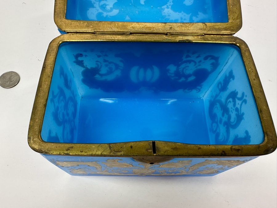 Antique Opaline Glass: Stunning Large Blue With Gold & White Decor 6'W X 3.75'D X 4.5'H Appraised $900 [Photo 15]