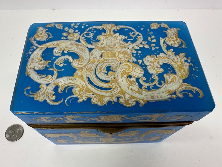 Antique Opaline Glass: Stunning Large Blue With Gold & White Decor 6'W X 3.75'D X 4.5'H Appraised $900 [Photo 6]