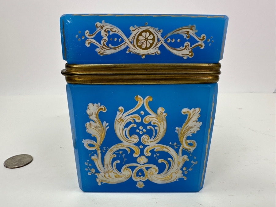 Antique Opaline Glass: Stunning Large Blue With Gold & White Decor 6'W X 3.75'D X 4.5'H Appraised $900 [Photo 10]