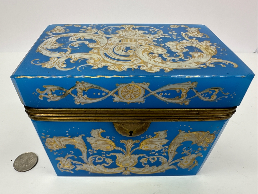 Antique Opaline Glass: Stunning Large Blue With Gold & White Decor 6'W X 3.75'D X 4.5'H Appraised $900 [Photo 2]