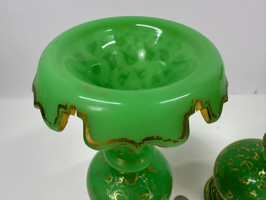 Antique Opaline Glass: Pair Of Green Vases With Gold Decor 9.75'H Appraised $950 [Photo 5]