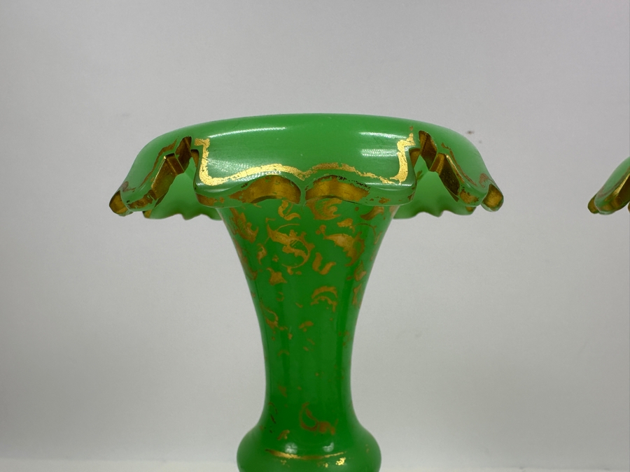 Antique Opaline Glass: Pair Of Green Vases With Gold Decor 9.75'H Appraised $950 [Photo 6]