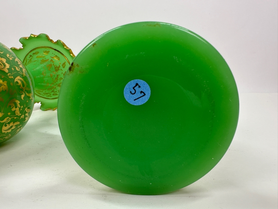Antique Opaline Glass: Pair Of Green Vases With Gold Decor 9.75'H Appraised $950 [Photo 10]