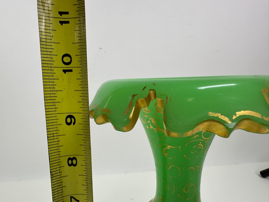 Antique Opaline Glass: Pair Of Green Vases With Gold Decor 9.75'H Appraised $950 [Photo 11]