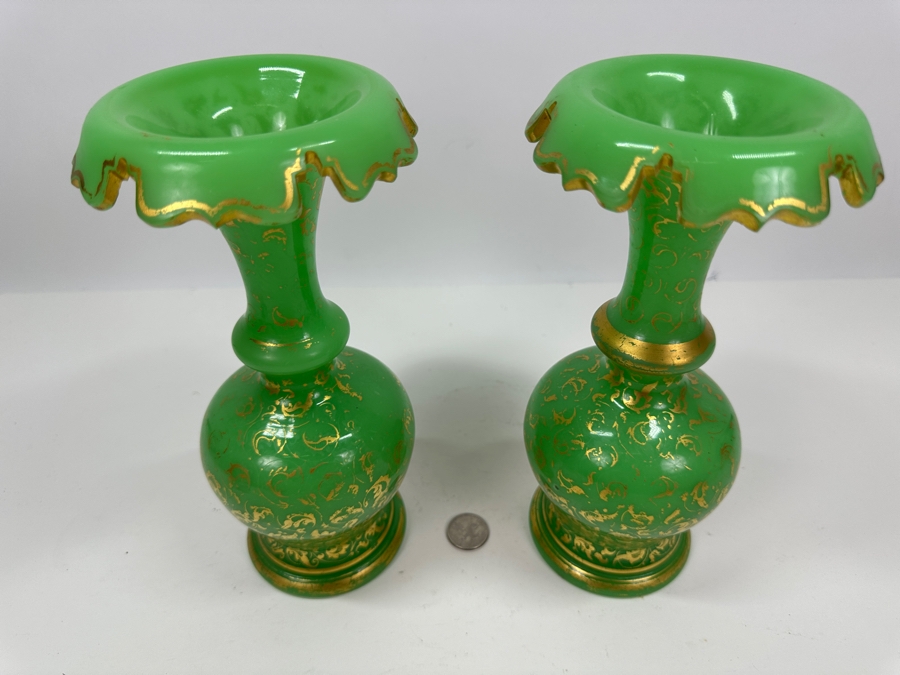 Antique Opaline Glass: Pair Of Green Vases With Gold Decor 9.75'H Appraised $950 [Photo 4]