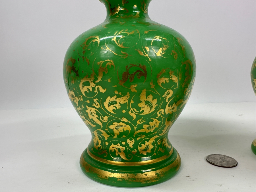 Antique Opaline Glass: Pair Of Green Vases With Gold Decor 9.75'H Appraised $950 [Photo 7]