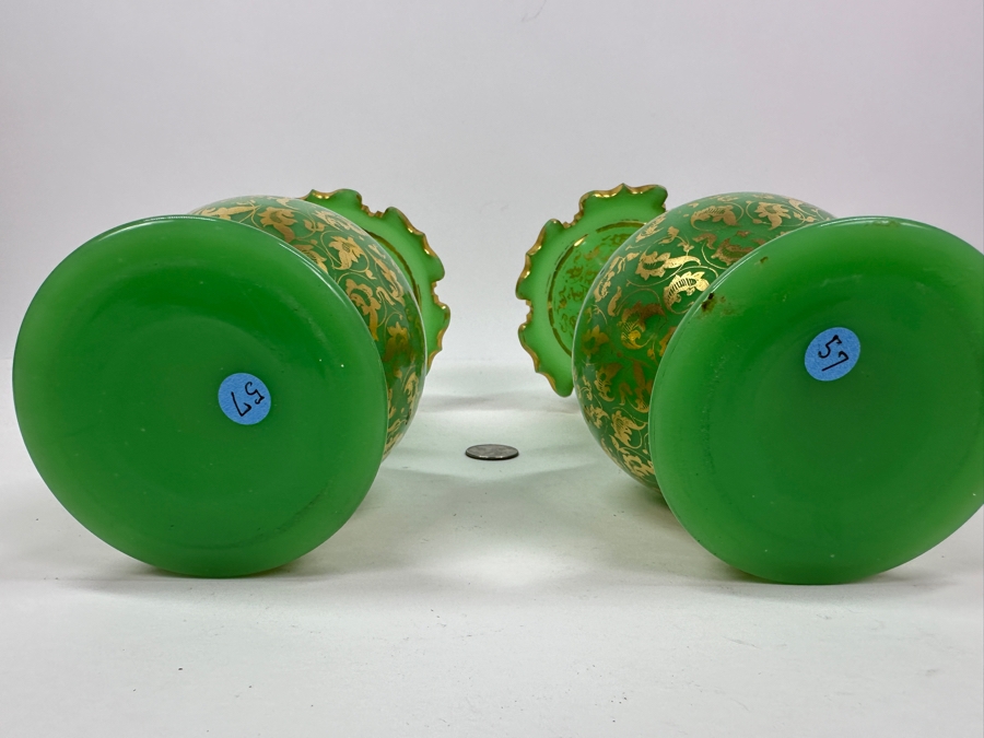 Antique Opaline Glass: Pair Of Green Vases With Gold Decor 9.75'H Appraised $950 [Photo 9]