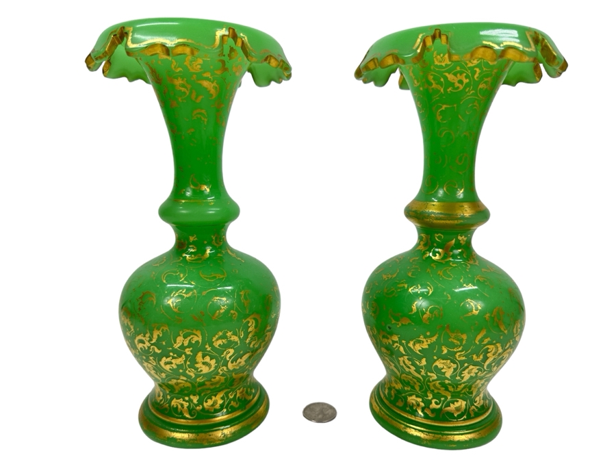 Antique Opaline Glass: Pair Of Green Vases With Gold Decor 9.75'H Appraised $950 [Photo 1]