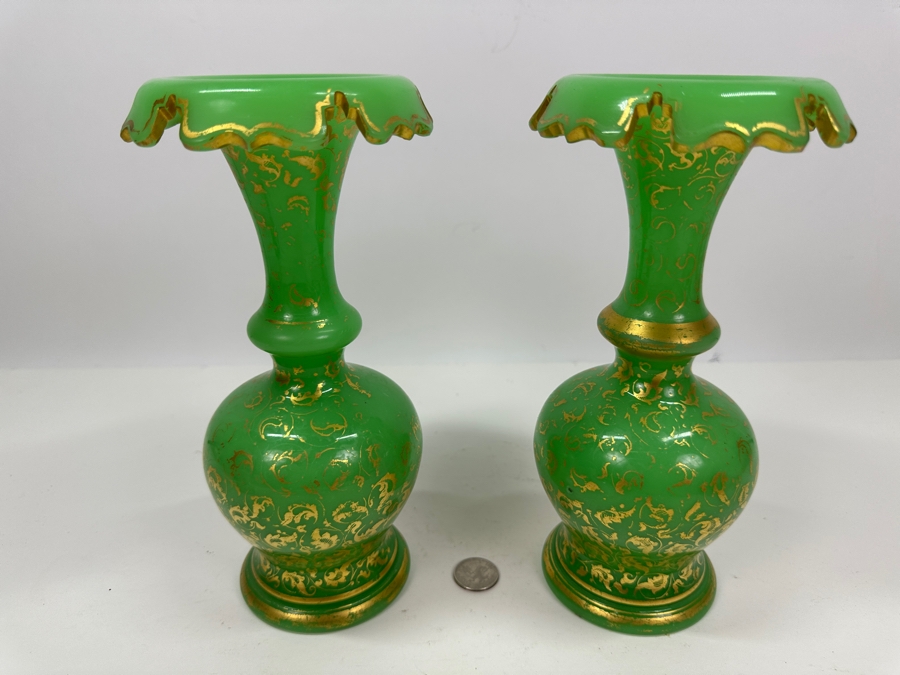 Antique Opaline Glass: Pair Of Green Vases With Gold Decor 9.75'H Appraised $950 [Photo 3]