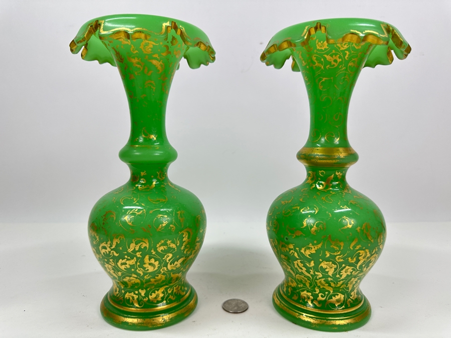 Antique Opaline Glass: Pair Of Green Vases With Gold Decor 9.75'H Appraised $950 [Photo 2]