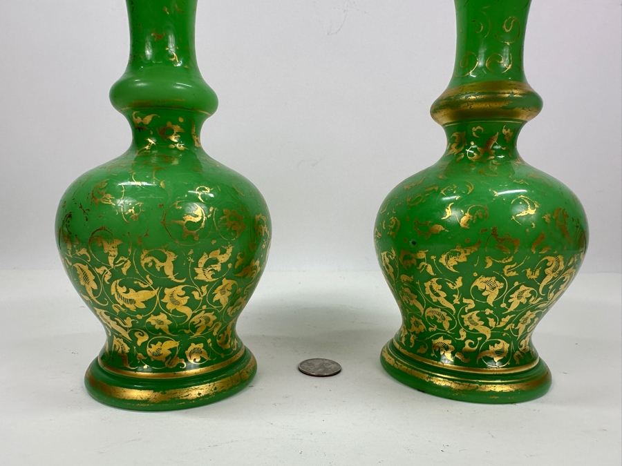 Antique Opaline Glass: Pair Of Green Vases With Gold Decor 9.75'H Appraised $950 [Photo 8]