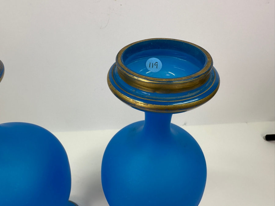 Antique Opaline Glass: Pair Of Blue Matte Finish Vases With Gold Decor 12.75'H Appraised $425 [Photo 6]