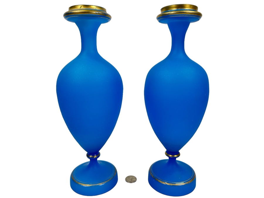 Antique Opaline Glass: Pair Of Blue Matte Finish Vases With Gold Decor 12.75'H Appraised $425 [Photo 1]