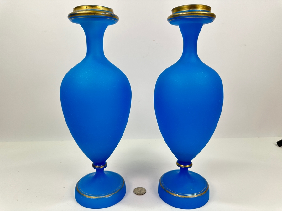 Antique Opaline Glass: Pair Of Blue Matte Finish Vases With Gold Decor 12.75'H Appraised $425 [Photo 3]