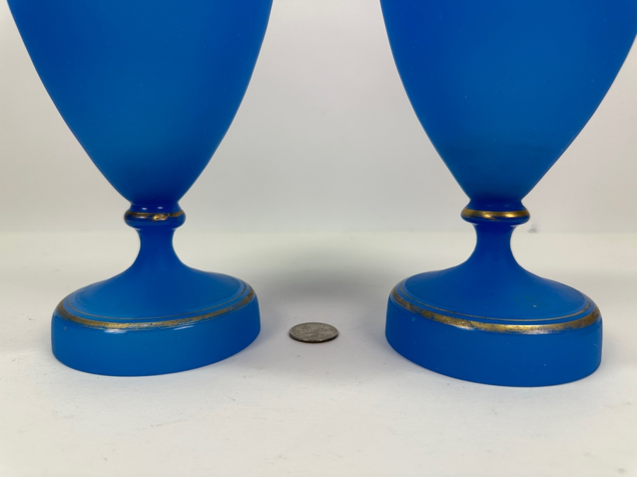 Antique Opaline Glass: Pair Of Blue Matte Finish Vases With Gold Decor 12.75'H Appraised $425 [Photo 7]