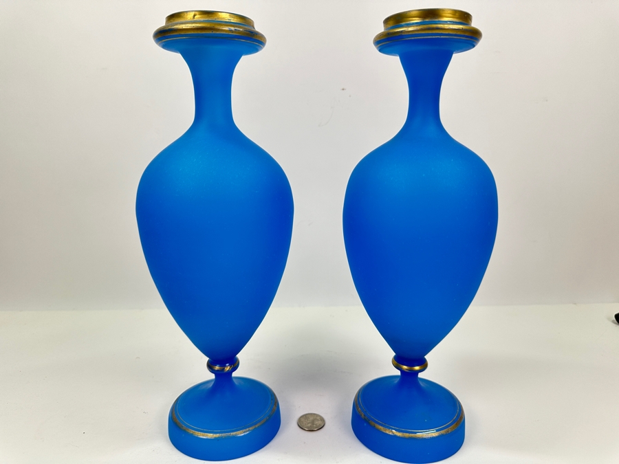 Antique Opaline Glass: Pair Of Blue Matte Finish Vases With Gold Decor 12.75'H Appraised $425 [Photo 2]