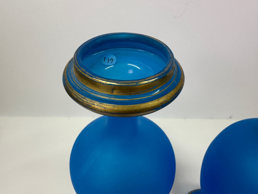 Antique Opaline Glass: Pair Of Blue Matte Finish Vases With Gold Decor 12.75'H Appraised $425 [Photo 5]