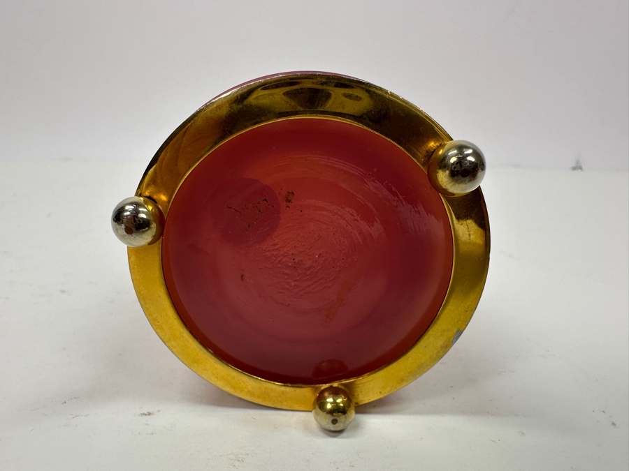 Antique Opaline Glass: Pink Round Cigarette Box With Doree Border & Feet 3.25'H Client Paid $116 [Photo 9]