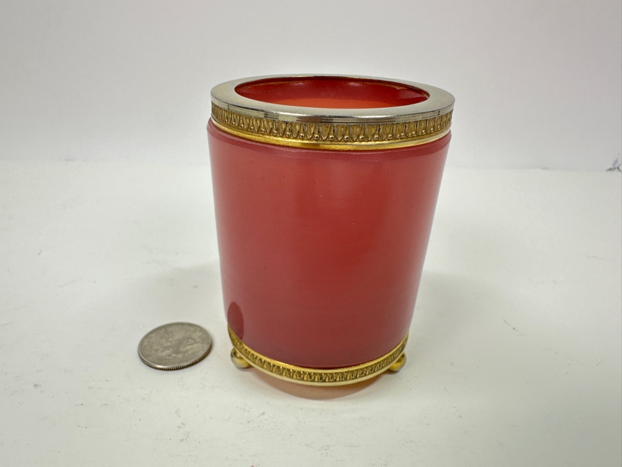 Antique Opaline Glass: Pink Round Cigarette Box With Doree Border & Feet 3.25'H Client Paid $116 [Photo 3]
