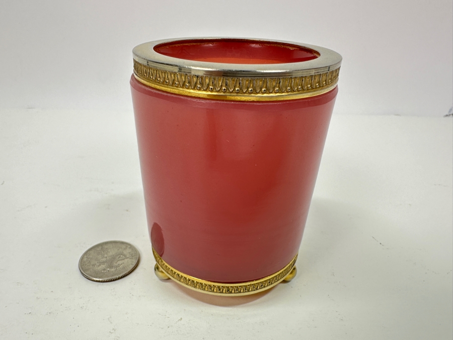 Antique Opaline Glass: Pink Round Cigarette Box With Doree Border & Feet 3.25'H Client Paid $116 [Photo 4]