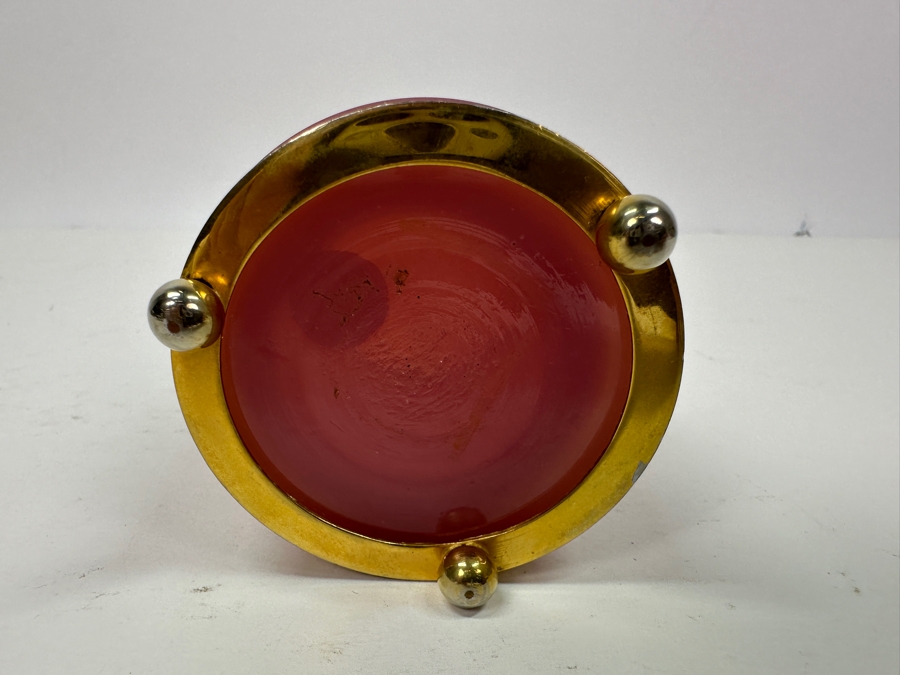 Antique Opaline Glass: Pink Round Cigarette Box With Doree Border & Feet 3.25'H Client Paid $116 [Photo 8]
