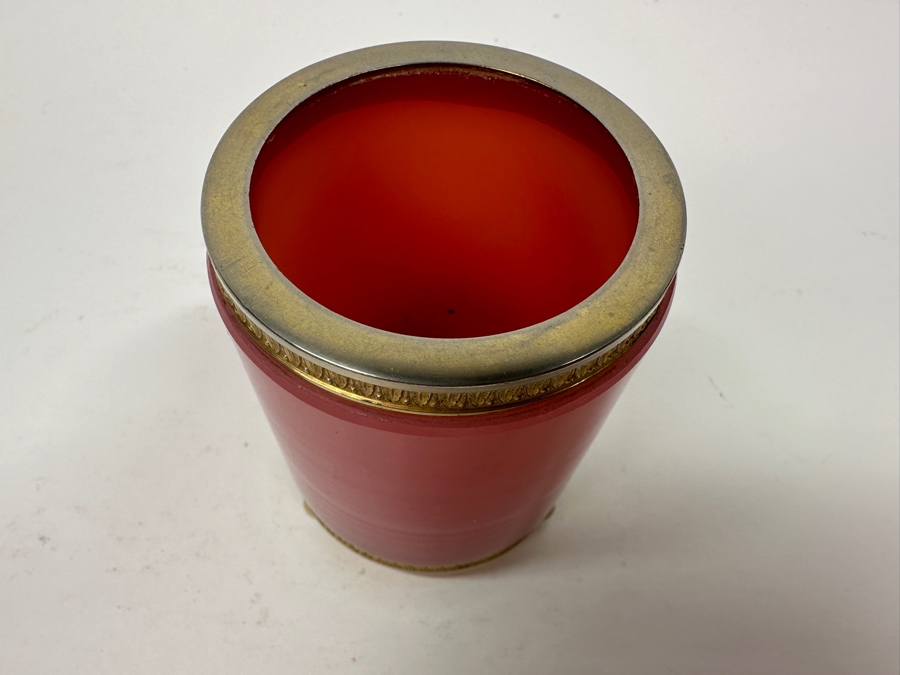 Antique Opaline Glass: Pink Round Cigarette Box With Doree Border & Feet 3.25'H Client Paid $116 [Photo 6]