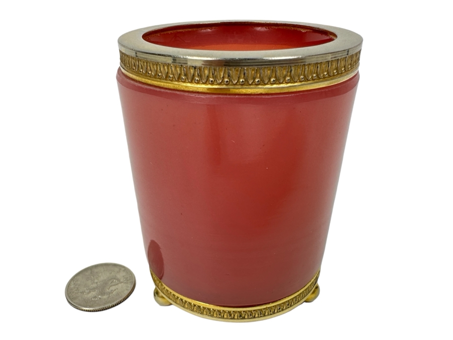 Antique Opaline Glass: Pink Round Cigarette Box With Doree Border & Feet 3.25'H Client Paid $116 [Photo 1]