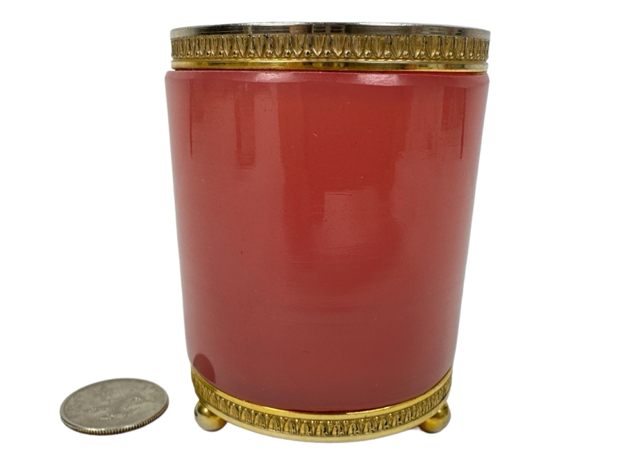 Antique Opaline Glass: Pink Round Cigarette Box With Doree Border & Feet 3.25'H Client Paid $116 [Photo 2]