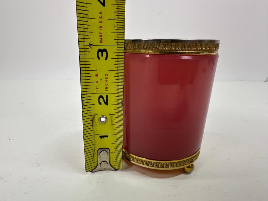 Antique Opaline Glass: Pink Round Cigarette Box With Doree Border & Feet 3.25'H Client Paid $116 [Photo 10]