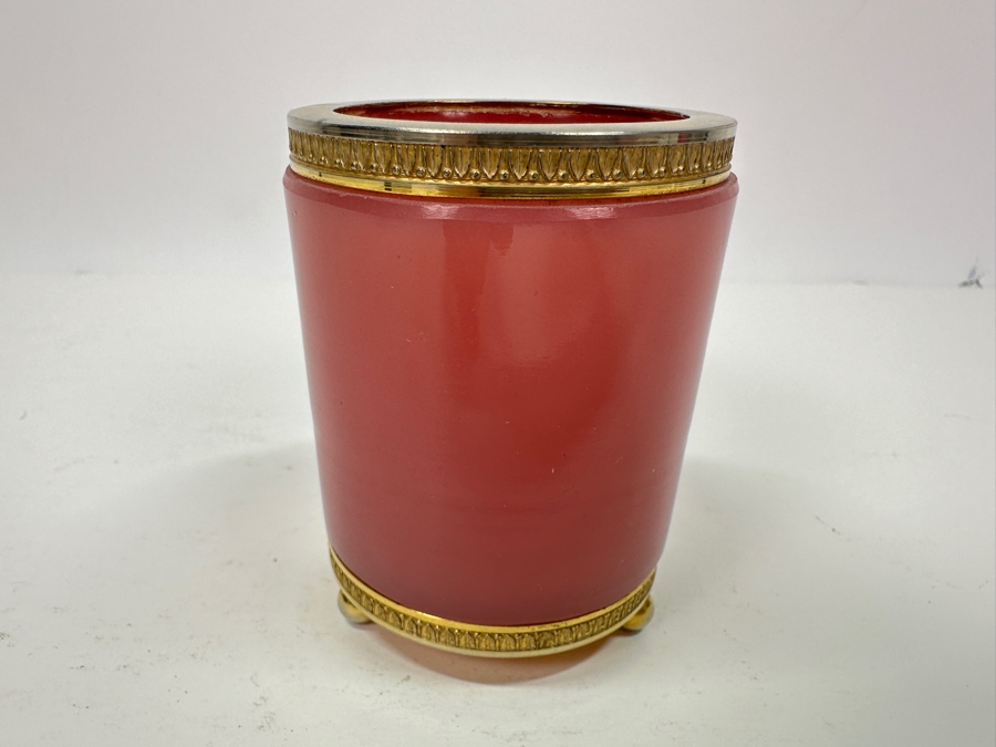 Antique Opaline Glass: Pink Round Cigarette Box With Doree Border & Feet 3.25'H Client Paid $116 [Photo 5]