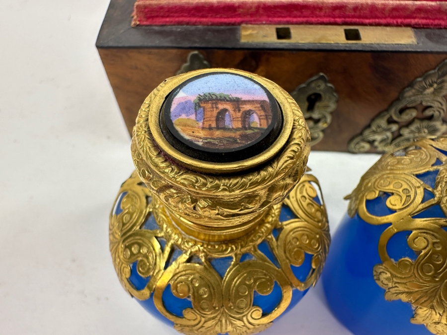 Antique Opaline Glass: Stunning Pair Of Blue Eglomise Dore Perfume Bottles 2.75'H With Hand Crafted Wooden Storage Display Box Client Paid $720 [Photo 8]