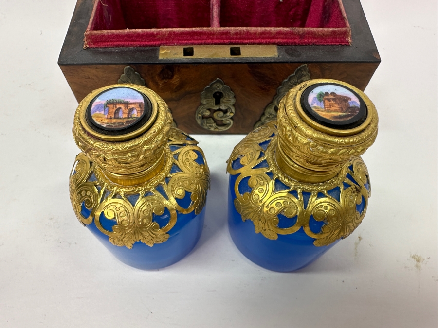 Antique Opaline Glass: Stunning Pair Of Blue Eglomise Dore Perfume Bottles 2.75'H With Hand Crafted Wooden Storage Display Box Client Paid $720 [Photo 7]