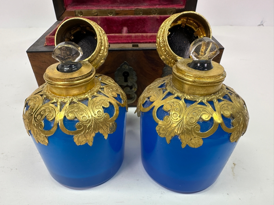Antique Opaline Glass: Stunning Pair Of Blue Eglomise Dore Perfume Bottles 2.75'H With Hand Crafted Wooden Storage Display Box Client Paid $720 [Photo 10]