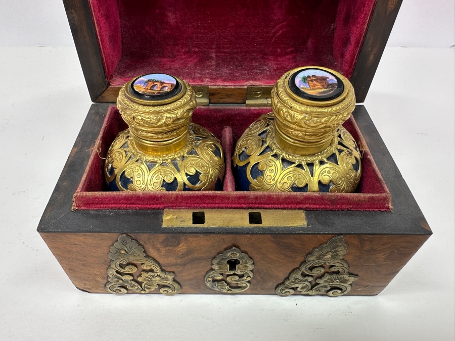Antique Opaline Glass: Stunning Pair Of Blue Eglomise Dore Perfume Bottles 2.75'H With Hand Crafted Wooden Storage Display Box Client Paid $720 [Photo 3]