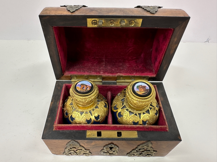 Antique Opaline Glass: Stunning Pair Of Blue Eglomise Dore Perfume Bottles 2.75'H With Hand Crafted Wooden Storage Display Box Client Paid $720 [Photo 13]