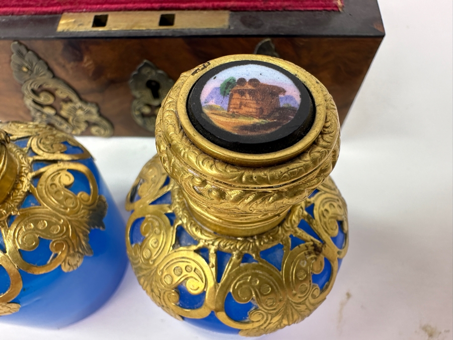 Antique Opaline Glass: Stunning Pair Of Blue Eglomise Dore Perfume Bottles 2.75'H With Hand Crafted Wooden Storage Display Box Client Paid $720 [Photo 9]