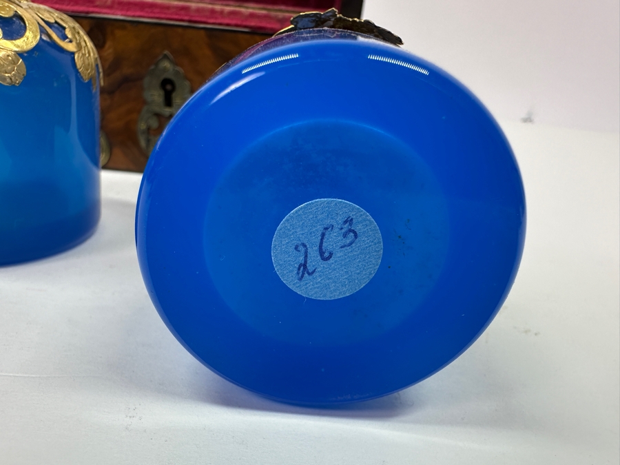 Antique Opaline Glass: Stunning Pair Of Blue Eglomise Dore Perfume Bottles 2.75'H With Hand Crafted Wooden Storage Display Box Client Paid $720 [Photo 11]