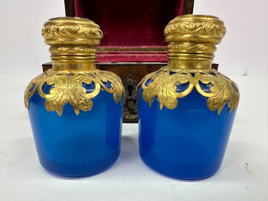 Antique Opaline Glass: Stunning Pair Of Blue Eglomise Dore Perfume Bottles 2.75'H With Hand Crafted Wooden Storage Display Box Client Paid $720 [Photo 6]