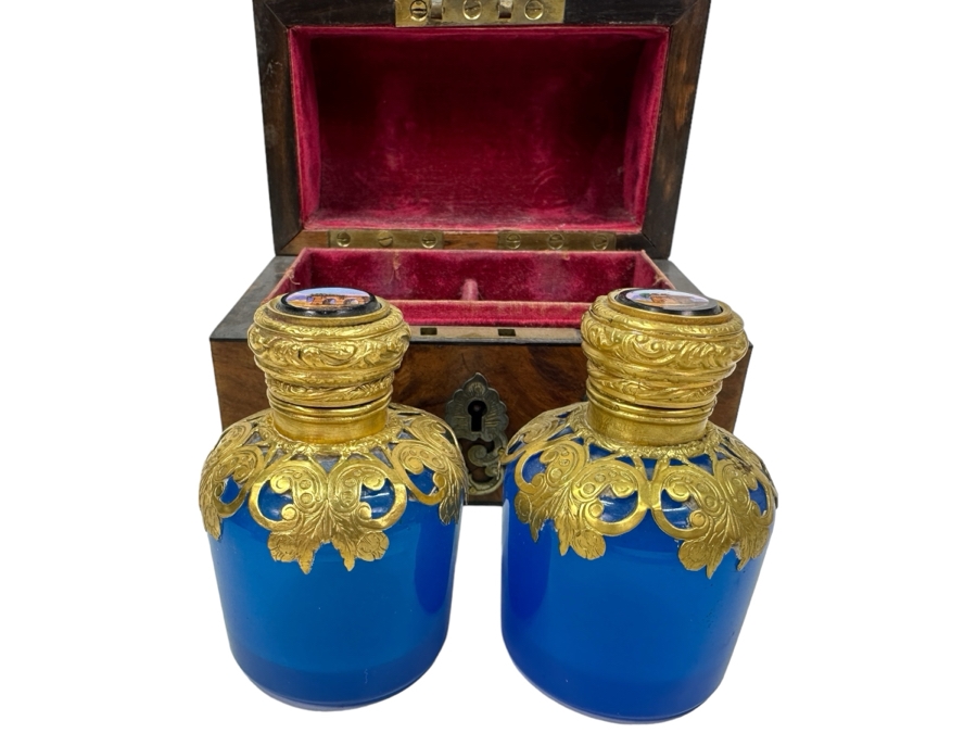 Antique Opaline Glass: Stunning Pair Of Blue Eglomise Dore Perfume Bottles 2.75'H With Hand Crafted Wooden Storage Display Box Client Paid $720