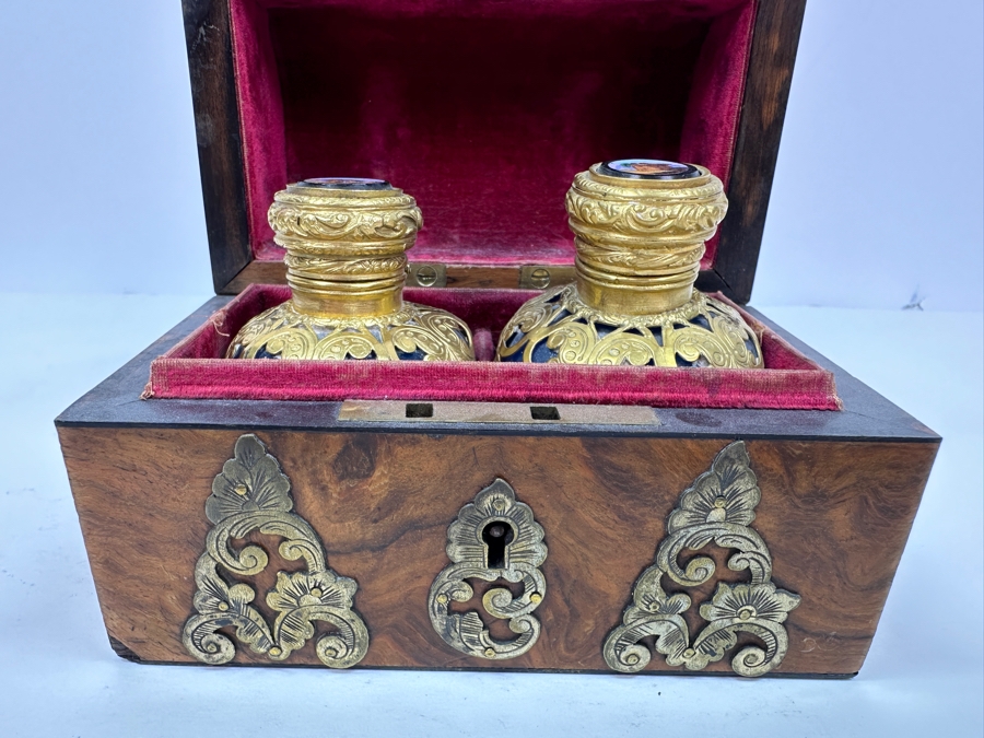 Antique Opaline Glass: Stunning Pair Of Blue Eglomise Dore Perfume Bottles 2.75'H With Hand Crafted Wooden Storage Display Box Client Paid $720 [Photo 12]