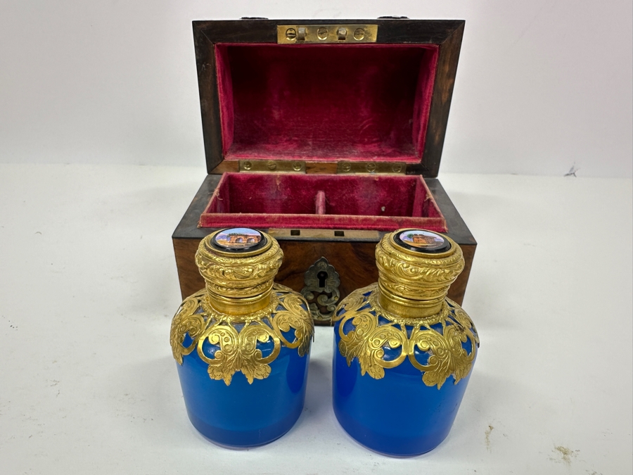 Antique Opaline Glass: Stunning Pair Of Blue Eglomise Dore Perfume Bottles 2.75'H With Hand Crafted Wooden Storage Display Box Client Paid $720 [Photo 5]