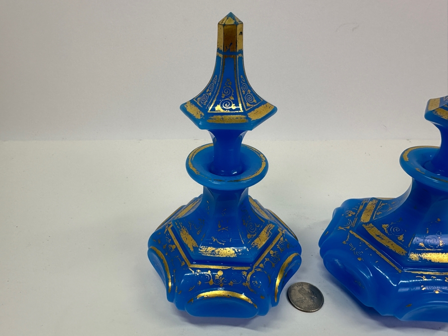 Antique Opaline Glass: Pair Of French Baccarat Blue Perfume Bottles With Stoppers And Gold Decor 6.5'H Client Paid $540 [Photo 3]